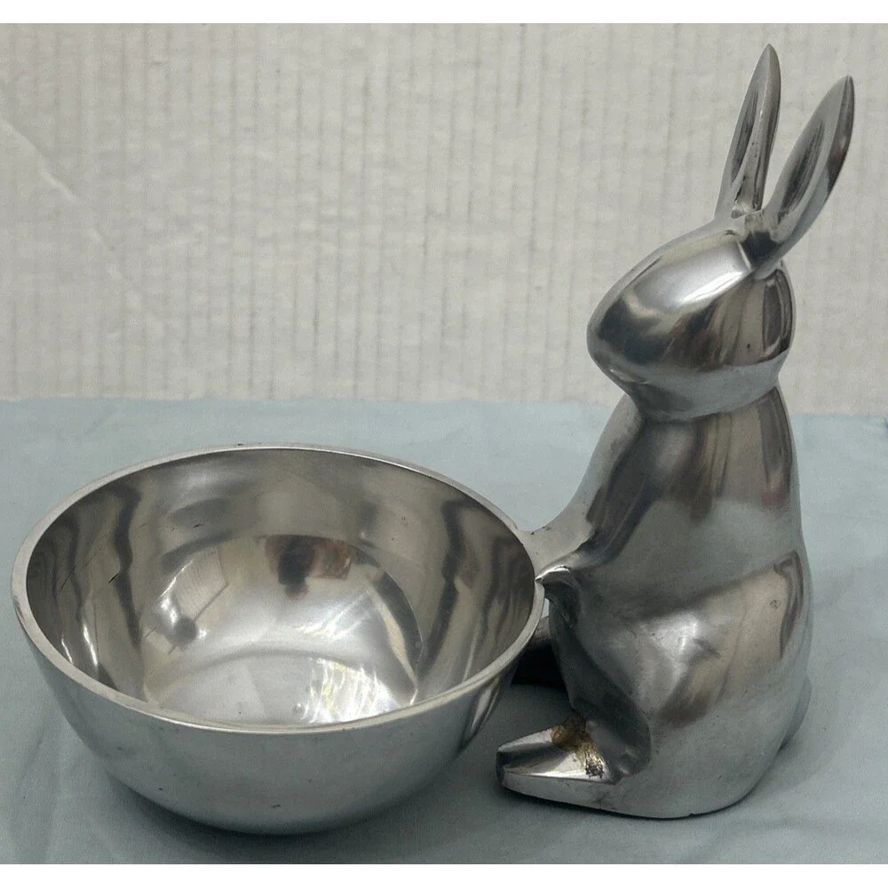 Easter Bunny w/ Attached Bowl Shiny Silver Finish Aluminum 7